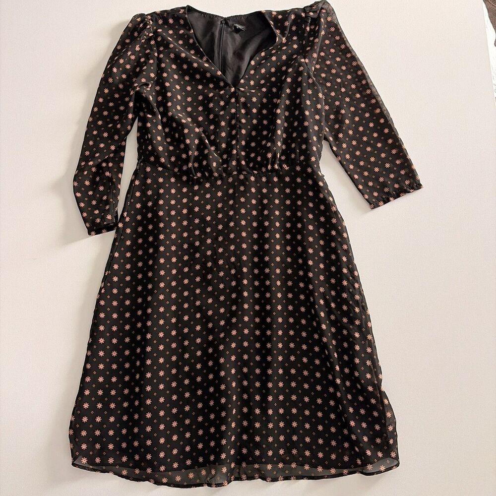 Ann Taylor Factory Women’s V Neck Chiffon Midi Dress Black Pink Floral Zip 12